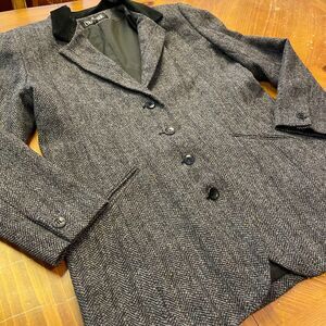 JL Colebrook Gray Tweed Wool Blazer Black Velvet Collar Herringbone L Womens 90s